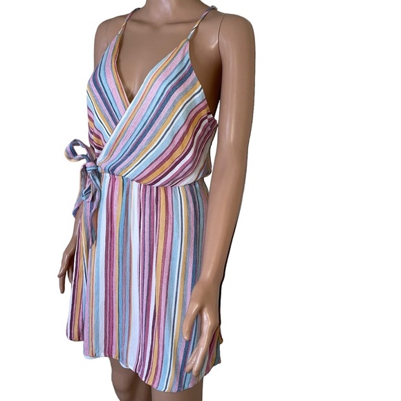Staccato dress faux wrap mini rainbow striped fit flare side tie summer SZ LG - Picture 3 of 10